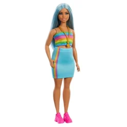 Barbie Fashionista Doll #218 - Blue Hair, Rainbow Top & Teal Skirt