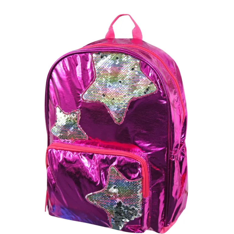 Pink Foil 16" Backpack with Star Shaped Multi Colored Sequins